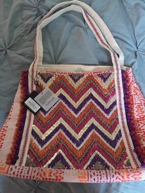 America & Beyond Chevron Embroidered Tote Bag - Pink, Orange & Purple